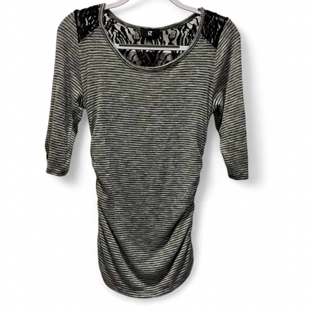 iZ Byer Women’s Striped Lace Yoke Ruched Top Gray Black Goth Whimsigoth L